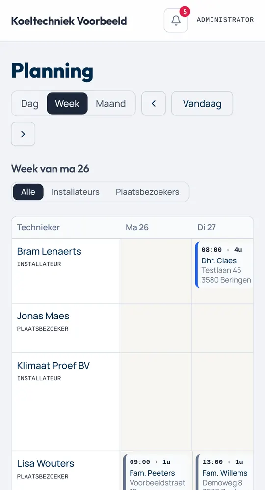 Weekplanning op de gsm met afspraken per technieker